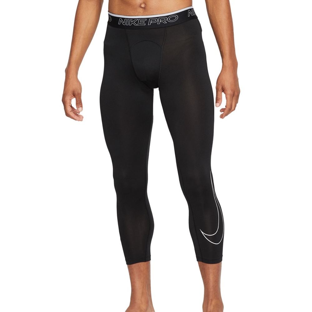 Nike Pro Training Tights Mens Dri FIT 3/4 Length 22 Inch Gym Black White